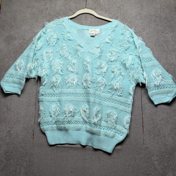 Aqua Blue Floral Fringe Knit Sweater Short Sleeve Vintage Womens XL - Picture 3 of 8